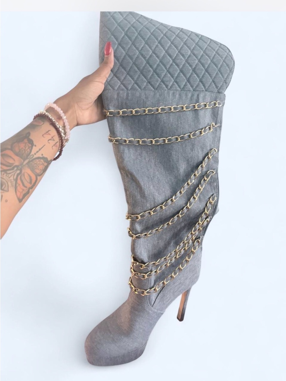 JustFab denim-Top Knee-High Stiletto Boot with Gold Chains
